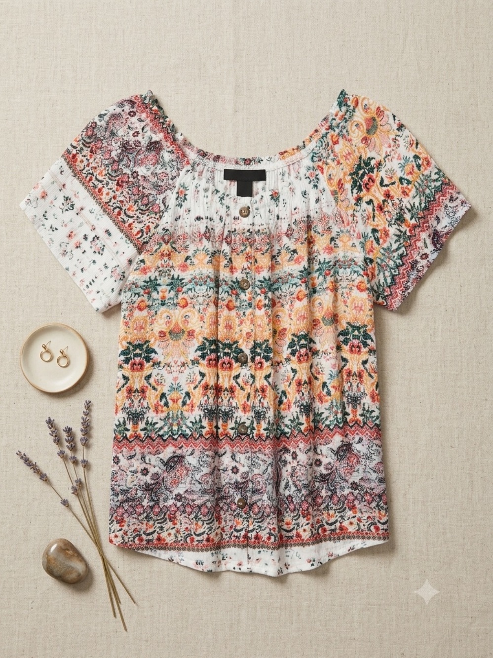 Modern Attraction Boho Floral Peasant Top in Cream and Multi